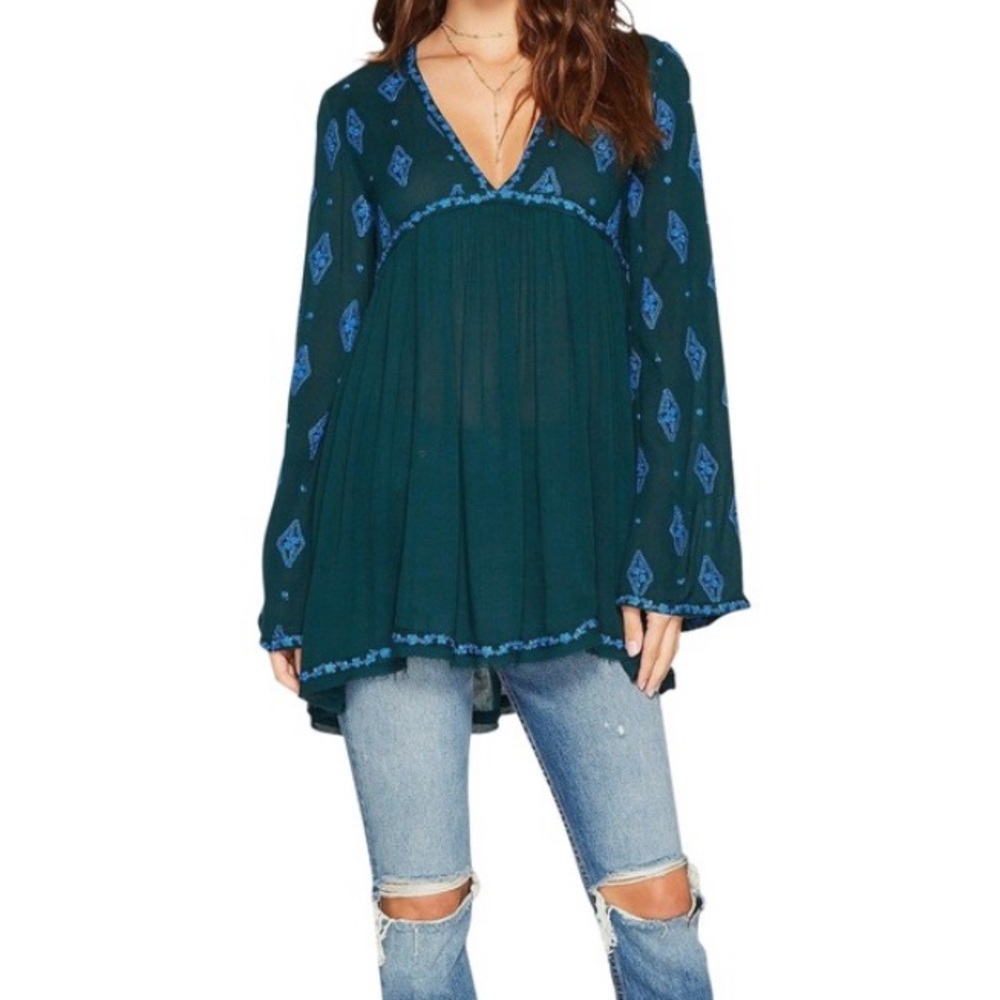 Free People NWT Green Diamond Embroidered Tunic XS